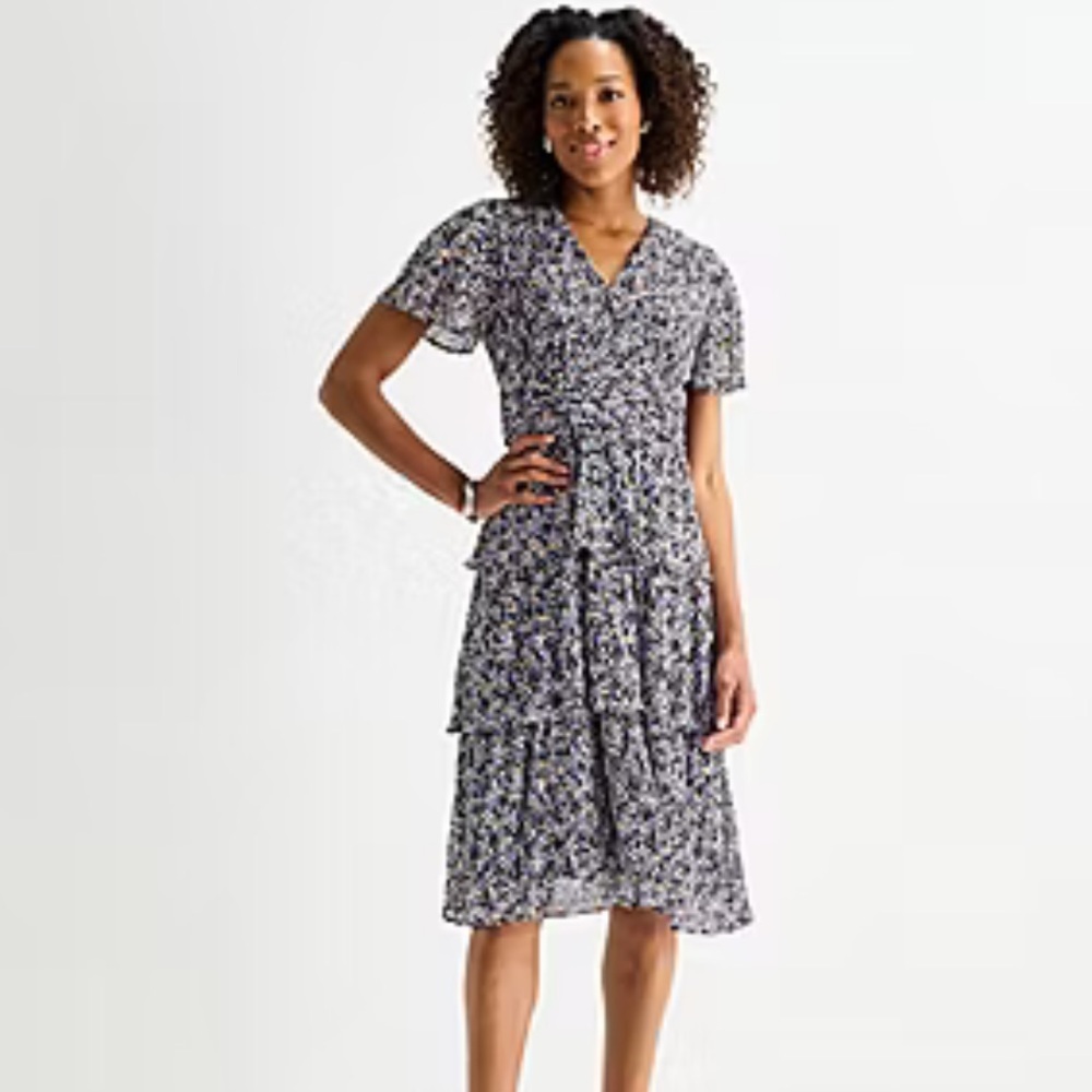 Perceptions Floral Tiered V-Neck Midi Dress in Navy Sz XL NWT